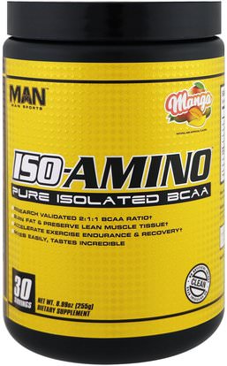 MAN Sport, LLC, ISO-Amino, Pure isolated BCAA, Mango, 8.99 oz, (255 g) ,والرياضة، والمكملات الغذائية، بكا (متفرعة سلسلة الأحماض الأمينية)