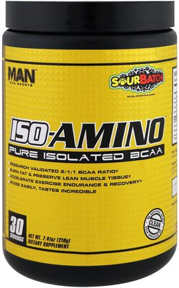 MAN Sport, LLC, ISO-Amino, Pure Isolated BCAA, Sour Batch, 7.41 oz (210 g) ,والرياضة، والمكملات الغذائية، بكا (متفرعة سلسلة الأحماض الأمينية)