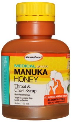 Manuka Guard, Manuka Honey 16+, Throat & Chest Syrup, Alcohol Free, 3.4 oz (100 ml) ,صحة الأطفال، سعال انفلونزا البرد، الانفلونزا الباردة والفيروسية، شراب السعال