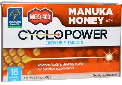 Manuka Health, MGO 400+, Manuka Honey with CycloPower, 16 Chewable Tablets ,والصحة، والرئة والقصبات الهوائية، والسعال قطرات