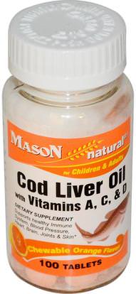 Mason Naturals, Cod Liver Oil, with Vitamins A, C, & D, Chewable Orange Flavor, 100 Tablets ,المكملات الغذائية، إيفا أوميجا 3 6 9 (إيبا دا)، زيت كبد سمك القد