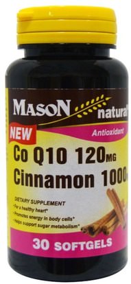 Mason Naturals, CoQ10, Cinnamon, 120 mg, 1000 mg, 30 Softgels ,الأعشاب، استخراج القرفة، أنزيم q10، coq10