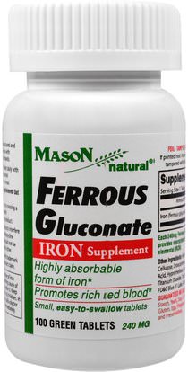 Mason Naturals, Ferrous Gluconate, Iron, 100 Green Tablets ,المكملات الغذائية، والمعادن، والحديد