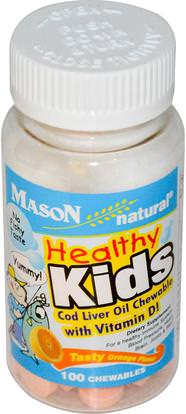 Mason Naturals, Healthy Kids Cod Liver Oil Chewable with Vitamin D, Tasty Orange Flavor, 100 Chewables ,المكملات الغذائية، إيفا أوميجا 3 6 9 (إيبا دا)، زيت كبد سمك القد، صحة الأطفال، المكملات الغذائية للأطفال