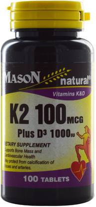 Mason Naturals, K2 Plus D3, 100 mcg/1000 IU, 100 Tablets ,الفيتامينات، فيتامين d3، فيتامين k