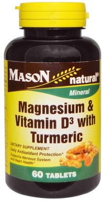 Mason Naturals, Magnesium & Vitamin D3 with Turmeric, 60 Tablets ,المكملات الغذائية، مضادات الأكسدة، الكركمين، الفيتامينات، فيتامين d3
