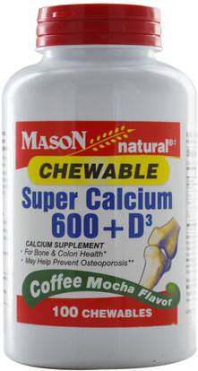 Mason Naturals, Super Calcium 600 + D3 Chewable, Coffee Mocha Flavor, 100 Chewables ,والمكملات الغذائية والمعادن والكالسيوم فيتامين د، الكالسيوم المضغ