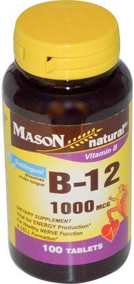 Mason Naturals, Vitamin B-12, 1000 mcg, 100 Tablets ,الفيتامينات، وفيتامين ب، وفيتامين ب 12، وفيتامين ب 12 - سيانوكوبالامين