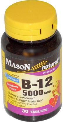 Mason Naturals, Vitamin B-12, Raspberry Flavor, 5000 mcg, 30 Sublingual Tablets ,الفيتامينات، وفيتامين ب، وفيتامين ب 12، وفيتامين ب 12 - سيانوكوبالامين