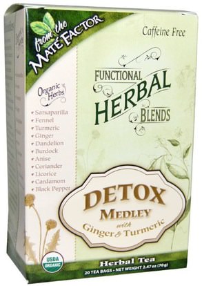 Mate Factor, Organic Functional Herbal Blends, Detox Medley with Ginger and Turmeric, 20 Tea Bags, (3.5 g) Each ,المكملات الغذائية، مضادات الأكسدة، الكركمين، الغذاء، الشاي العشبية