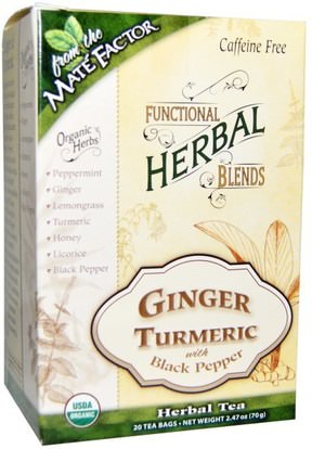 Mate Factor, Organic Functional Herbal Blends, Ginger Turmeric with Black Pepper, 20 Tea Bags, (3.5 g) Each ,المكملات الغذائية، مضادات الأكسدة، الكركمين، الغذاء، الشاي العشبية