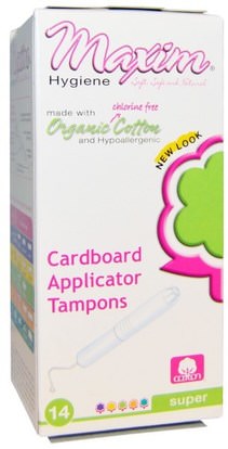 Maxim Hygiene Products, Organic Cotton Cardboard Applicator Tampons, Super, 14 Tampons ,حمام، الجمال، المرأة