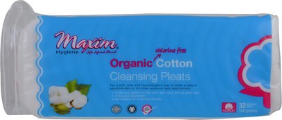 Maxim Hygiene Products, Organic Cotton, Cleansing Pleats, 32 Pleats (100 g) ,حمام، جمال، قطن كرات مسحات وجولات