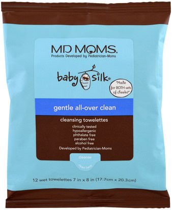 MD Moms, Baby Silk, Cleansing Towelettes, 12 Wet Towelettes, 7 in x 8 in Each ,صحة الطفل، ديابيرينغ