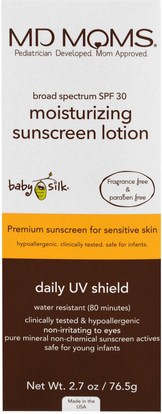 MD Moms, Baby Silk, Daily UV Shield, SPF 30+ Moisturizing Lotion, Fragrance Free, 2.7 oz (76.5 g) ,حمام، الجمال، واقية من الشمس، سف 30-45، والأطفال والطفل واقية من الشمس