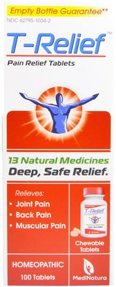MediNatura, T- Relief, Pain Relief Tablets, 100 Tablets ,والمكملات الغذائية، المثلية، ومكافحة الألم