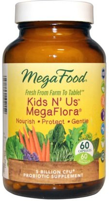 MegaFood, Kids N Us MegaFlora, 60 Capsules ,المكملات الغذائية، البروبيوتيك، أسيدوفيلوس، المنتجات المثلجة المبردة