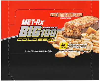MET-Rx, Big 100 Colossal, Meal Replacement Bar, Peanut Butter Caramel Crunch, 9 Bars, 3.52 oz (100 g) Each ,الطعام، الوجبات الخفيفة، الوجبات الصحية الصحية، المكملات الغذائية، الحانات الغذائية