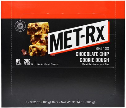 MET-Rx, Big 100, Meal Replacement Bar, Chocolate Chip Cookie Dough, 9 Bars, 3.52 oz (100 g) Each ,والمكملات الغذائية، والحانات الغذائية، والوجبات الخفيفة