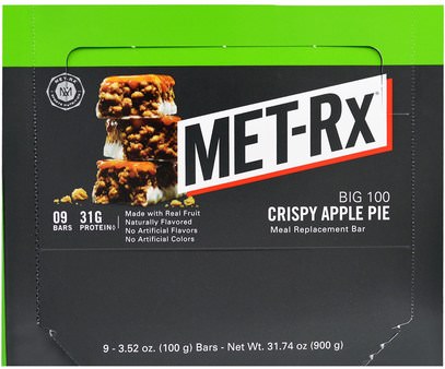 MET-Rx, Big 100, Meal Replacement Bar, Crispy Apple Pie, 9 Bars, 3.52 oz (100 g) Each ,الطعام، الوجبات الخفيفة، الوجبات الصحية الصحية، المكملات الغذائية، الحانات الغذائية