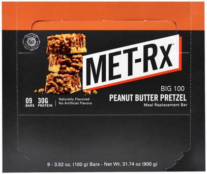 MET-Rx, Big 100, Meal Replacement Bar, Peanut Butter Pretzel, 9 Bars, 3.52 oz (100 g) Each ,والمكملات الغذائية، والحانات الغذائية، والوجبات الخفيفة