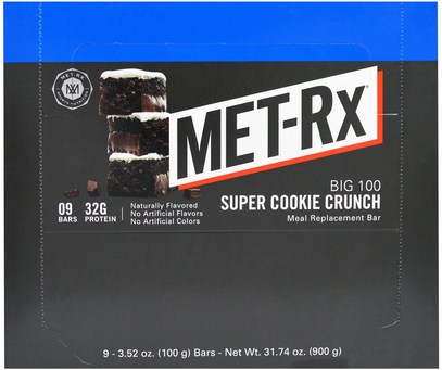 MET-Rx, Big 100, Meal Replacement Bar, Super Cookie Crunch, 9 Bars, 3.52 oz (100 g) Each ,الطعام، الوجبات الخفيفة، الوجبات الصحية الصحية، المكملات الغذائية، الحانات الغذائية