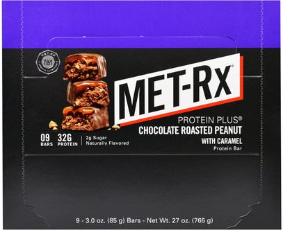 MET-Rx, Protein Plus Bar, Chocolate Roasted Peanut with Caramel, 9 Bars, 3.0 oz (85 g) Each ,والرياضة، والبروتينات والبروتينات، بروتين الرياضة
