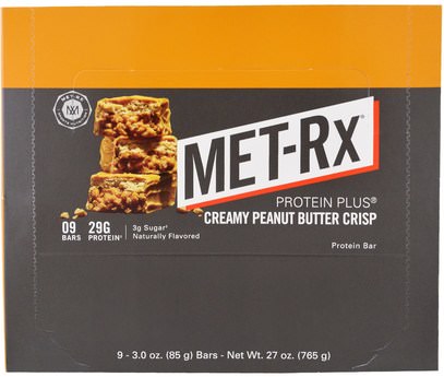 MET-Rx, Protein Plus Bar, Creamy Peanut Butter Crisp, 9 Bars, 3.0 oz (85 g ) Each ,المكملات الغذائية، الحانات الغذائية، أشرطة البروتين
