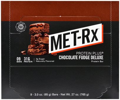 MET-Rx, Protein Plus, Chocolate Fudge Deluxe, 9 Bars, 3.0 oz (85 g) Each ,والرياضة، والبروتينات والبروتينات، بروتين الرياضة