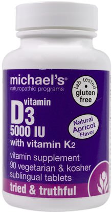 Michaels Naturopathic, Vitamin D3, with Vitamin K2, Natural Apricot Flavor, 5,000 IU, 90 Sublingual Tablets ,الفيتامينات، فيتامين d3