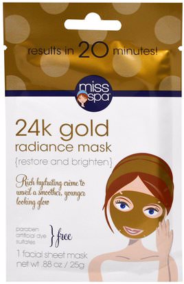 Miss Spa, 24k Gold Radiance Mask, 1 Facial Mask ,الجمال، أقنعة الوجه، أقنعة الورقة، العناية بالوجه