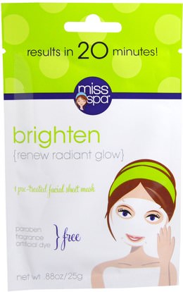 Miss Spa, Brighten, 1 Pre-Treated Facial Sheet Mask, 1 Mask ,الجمال، أقنعة الوجه، أقنعة ورقة