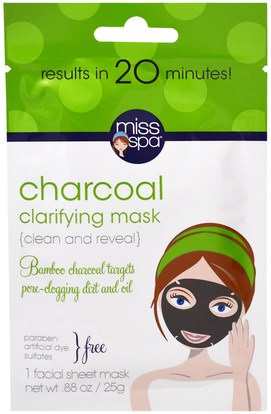 Miss Spa, Charcoal Clarifying Mask, 1 Facial Sheet Mask ,الجمال، أقنعة الوجه، أقنعة الورقة، العناية بالوجه