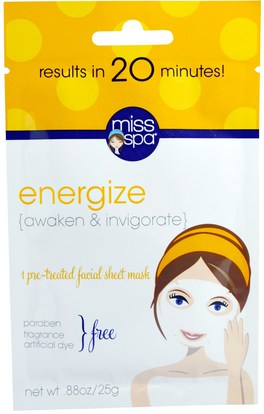 Miss Spa, Energize, 1 Pre-Treated Facial Sheet Mask ,الجمال، أقنعة الوجه