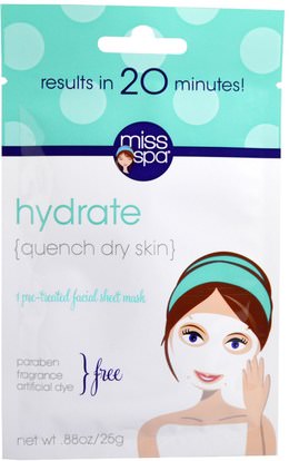 Miss Spa, Hydrate, Pre-Treated Facial Sheet Mask, 1 Mask ,الجمال، أقنعة الوجه، أقنعة ورقة