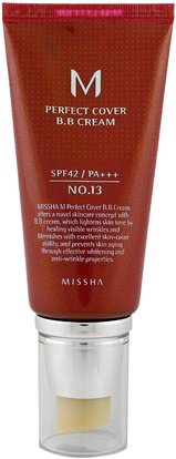 Missha, M Perfect Cover B.B Cream, No. 13 Bright Beige, 50 ml ,حمام، الجمال، ماكياج، السائل ماكياج