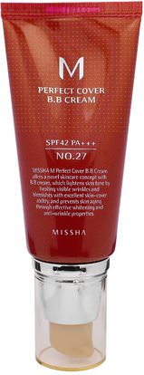 Missha, Perfect Cover B.B. Cream, No.27 Honey Beige, 50 ml ,حمام، الجمال، ماكياج، السائل ماكياج