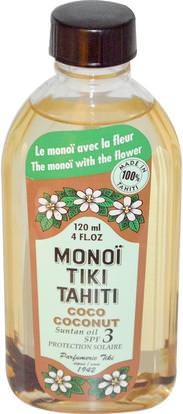 Monoi Tiare Tahiti, Suntan Oil, SPF 3 Protection Solaire, Coco Coconut, 4 fl oz (120 ml) ,حمام، الجمال، زيت جوز الهند النفط، العناية بالوجه، حروق الشمس حماية الشمس
