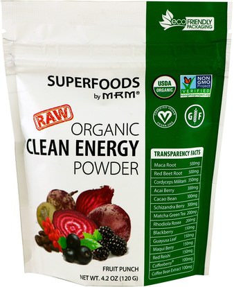 MRM, Organic Clean Energy Powder, Fruit Punch, 4.2 oz (120 g) ,المكملات الغذائية، مقتطفات الفاكهة، سوبر الفواكه