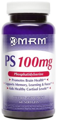 MRM, PS, Phosphatidylserine, 100 mg, 60 Softgels ,المكملات الغذائية، فوسفهاتيديلزير، اضطراب نقص الانتباه، إضافة، أدهد، الدماغ