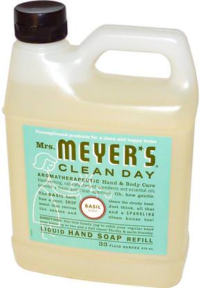 Mrs. Meyers Clean Day, Liquid Hand Soap Refill, Basil Scent, 33 fl oz (975 ml) ,حمام، الجمال، الصابون، الغيارات