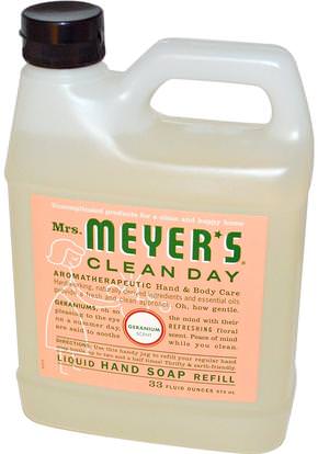 Mrs. Meyers Clean Day, Liquid Hand Soap Refill, Geranium Scent, 33 fl oz (975 ml) ,حمام، الجمال، الصابون، الغيارات