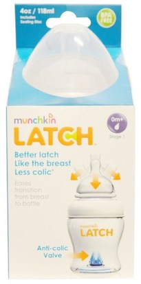 Munchkin, Latch, 0 Months +, Stage 1, 1 Bottle, 4 oz (118 ml) ,صحة الأطفال، أطفال الأطعمة، تغذية الطفل، زجاجات الطفل