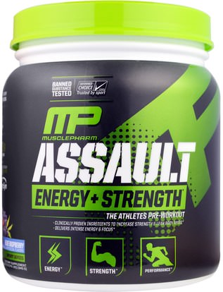 MusclePharm, Assault Energy + Strength, Blue Raspberry, 12.17 oz (345 g) ,والرياضة، تجريب