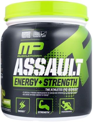 MusclePharm, Assault, Energy + Strength, Pre-Workout, Green Apple, 11.75 oz (333 g) ,والصحة، والطاقة، والرياضة، تجريب