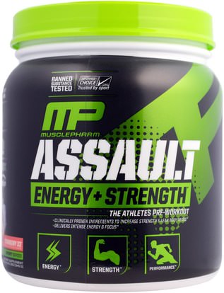 MusclePharm, Assault Energy + Strength, Pre-Workout, Strawberry Ice, 12.17 oz (345 g) ,والصحة، والطاقة، والرياضة، تجريب