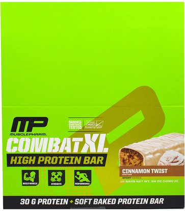 MusclePharm, Combat XL High Protein Bar, Cinnamon Twist, 12 Bars, 38 oz (1080 g) ,الرياضة بروتين، الرياضة، بروتين أشرطة