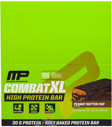 MusclePharm, Combat XL High Protein Bar, Peanut Butter Cup, 12 Bars, 38 oz (1080 g) ,الرياضة بروتين، الرياضة، بروتين أشرطة