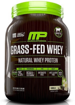 MusclePharm Natural, Grass-Fed Whey, Natural Whey Protein Powder Drink Mix, Vanilla, 1.85 lbs (840 g) ,والرياضة، والمكملات الغذائية، والبروتين