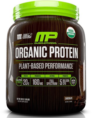 MusclePharm Natural, Organic Protein, Plant-Based Performance, Chocolate, 1.35 lbs (611 g) ,والرياضة، والمكملات الغذائية، والبروتين
